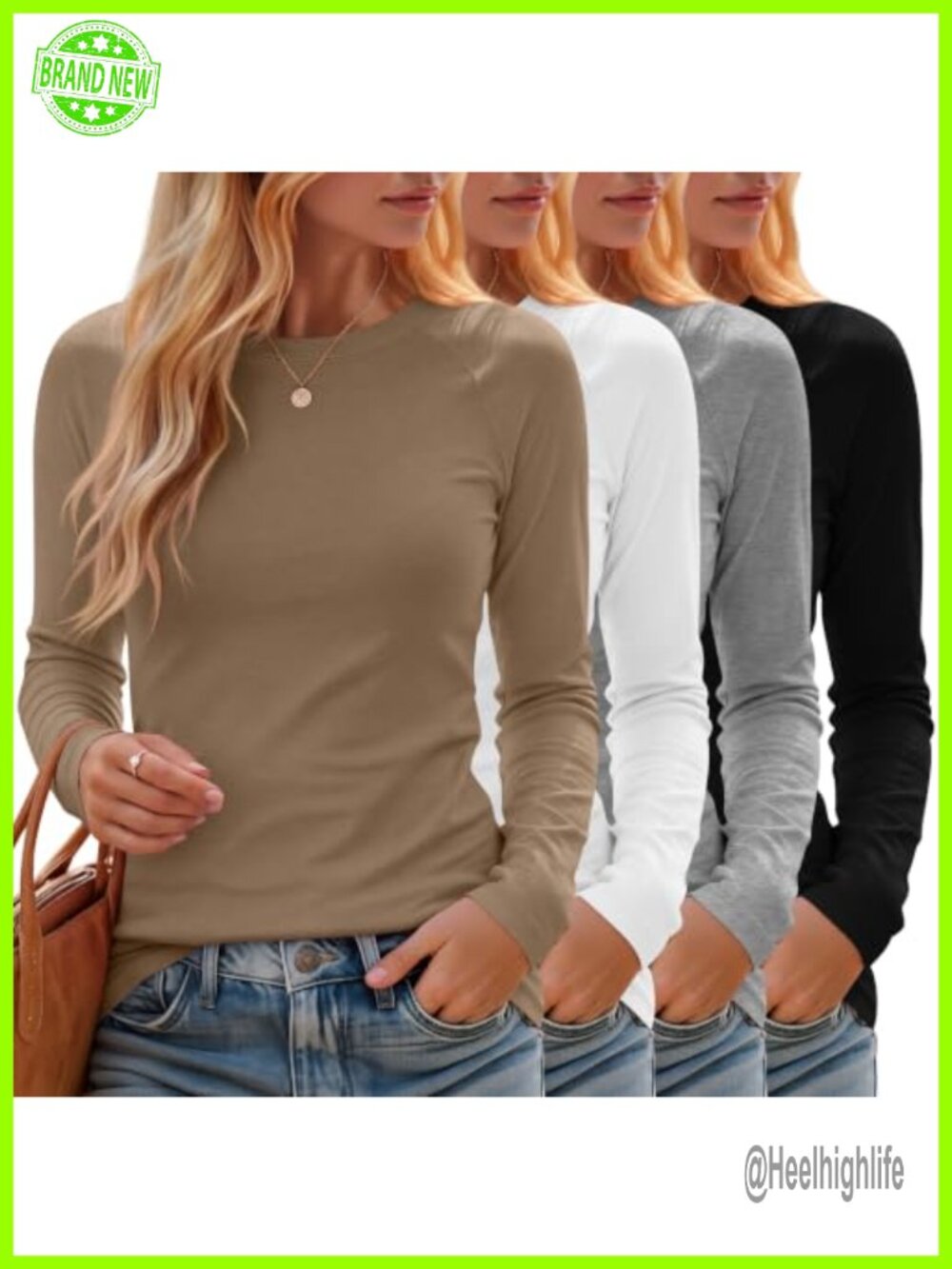 Women's Long Sleeve Crew Neck Slim Fit Cotton Blend T-Shirt 4 Pack